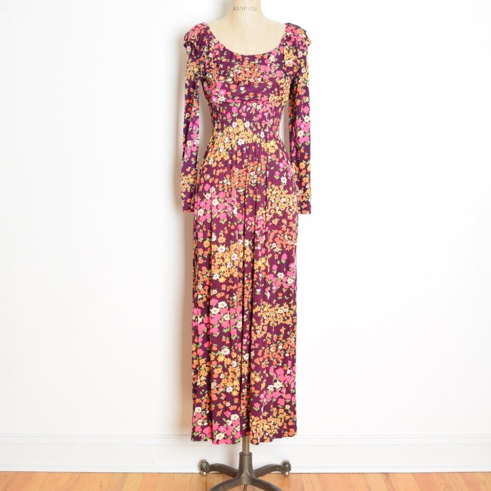 vintage 70s dress hippie boho cottagecore burgundy floral print ruffle maxi S